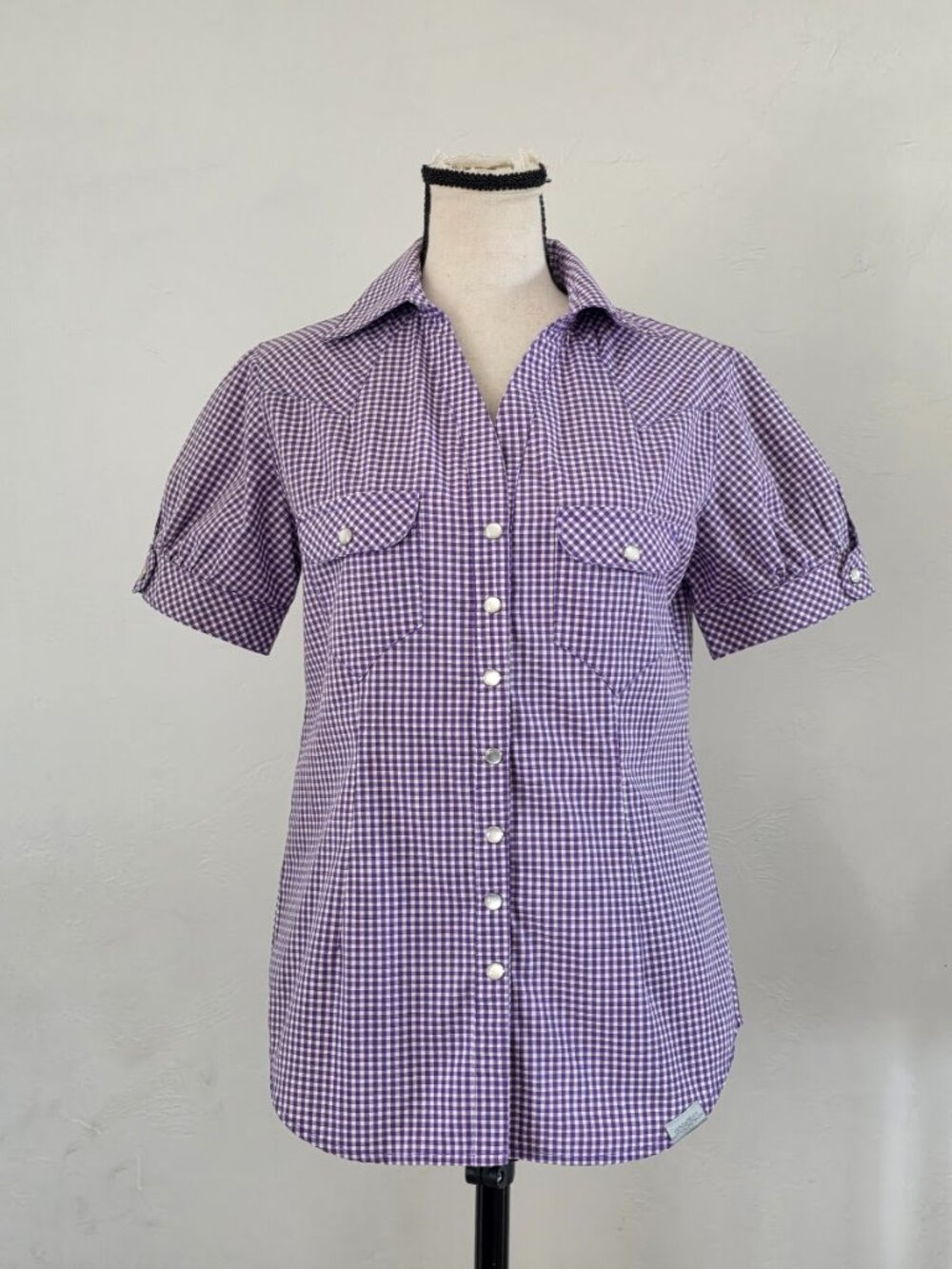 Solstice Women’s Lavender Gingham Western Shirt - Half Placket Puff Sleeve M
